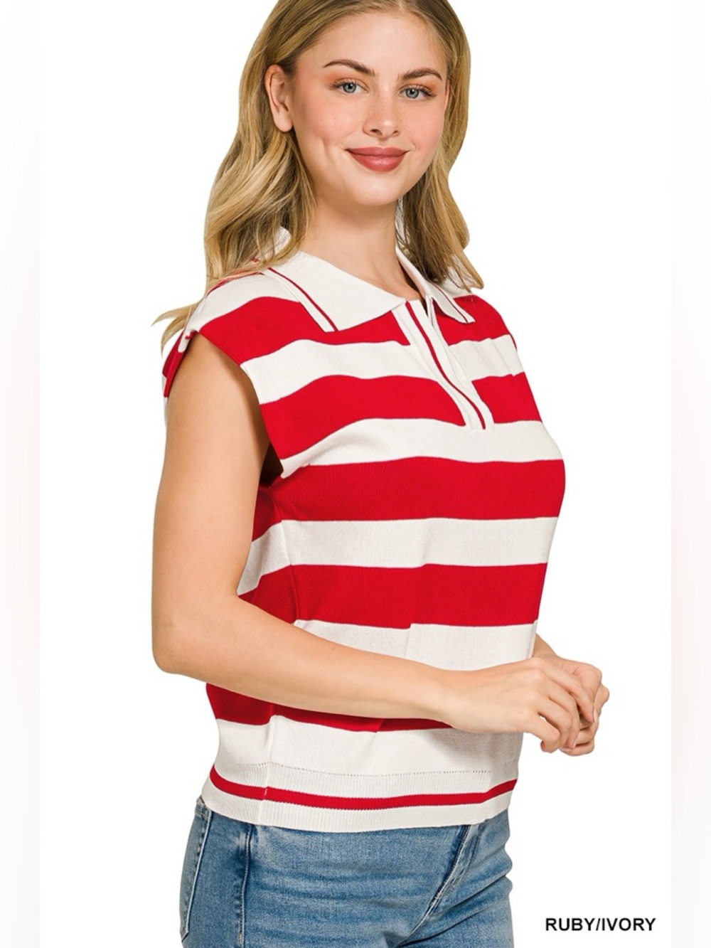 Zenana Viscose Striped Collared Sweater Vest - Picture 2 of 4
